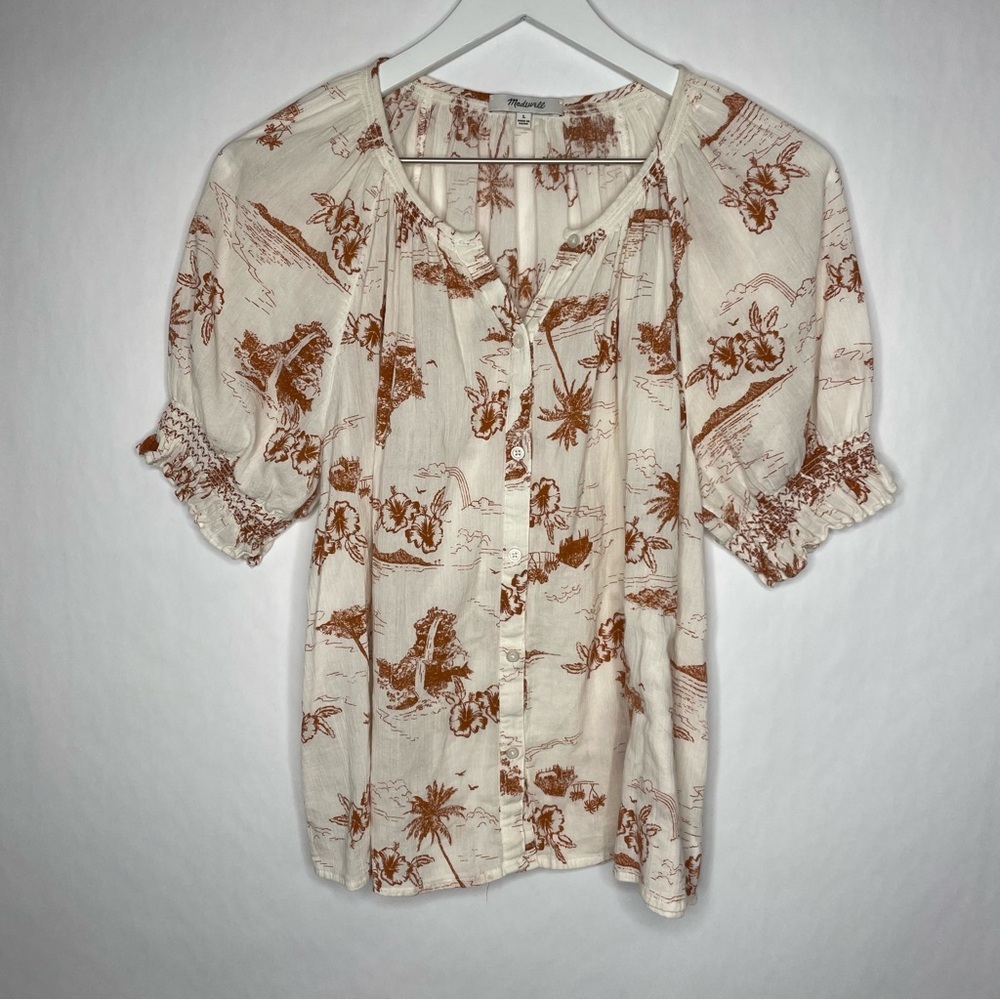 Madewell White and Brown Tropical Print Button Down Top